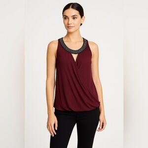 Socialite Beaded Neckline Wrap Tank Top | Maroon Wine Red | Size Medium